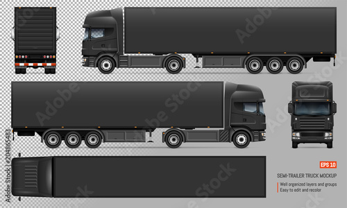 Black trailer truck vector mockup. Isolated template of big lorry on transparent background for vehicle branding, corporate identity. View from left, right, front, back, top sides.