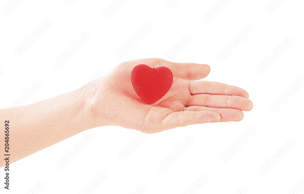 Hand holding red heart on white background. Valentine's Day