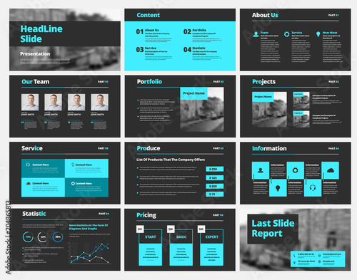 Template of white vector slides for presentations and reports with blue elements. Universal design for business and advertising, banner and brochure . Set