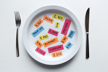 Colorful paper notes naming food additives on plate with fork and knife, food additive and unhealthy food concept.