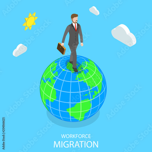 Flat isometric vector concept of workforce migration.