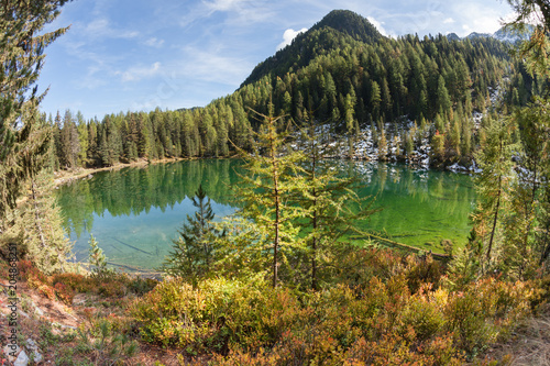 Fototapeta Naklejka Na Ścianę i Meble -  a natural hiden mountain lake among the woods in the Italian Apls