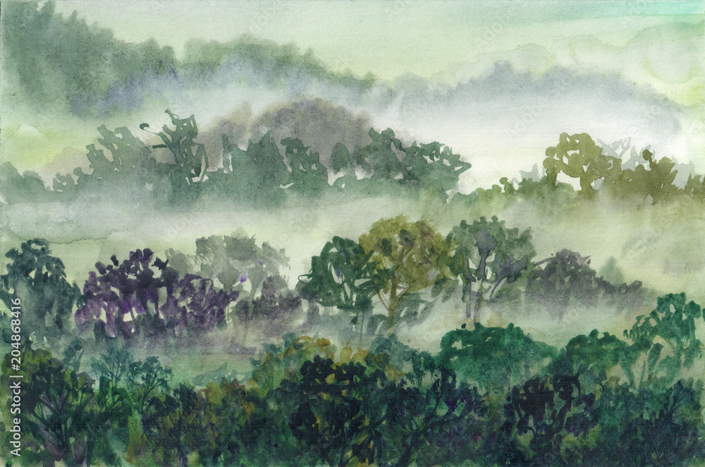 Hand drawn illustration of rainforest of vietnam. Foggy morning - obrazy, fototapety, plakaty 