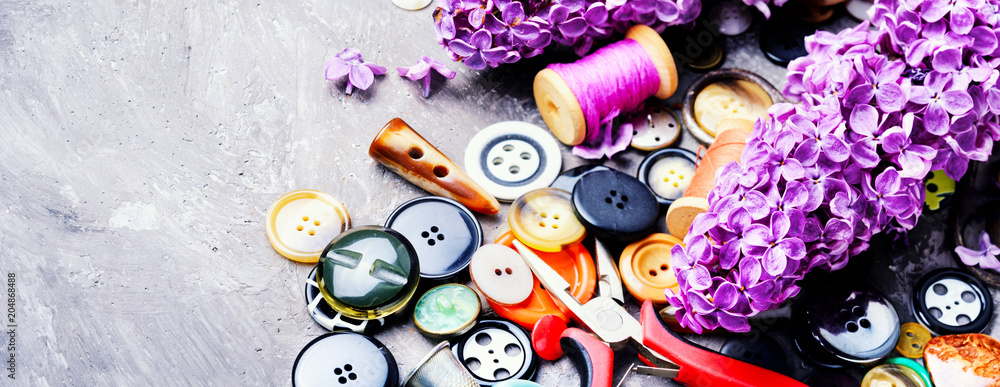 various sewing button and lilac branch