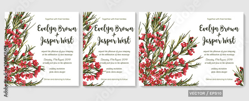 Wedding invite invitation menu card vector floral design: beautiful red waxflower pattern. Element for banners, greeting cards, flyers