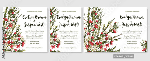 Wedding invite invitation menu card vector floral greenery design: beautiful red and white wax flower pattern. Watercolor elegant hand drawn set