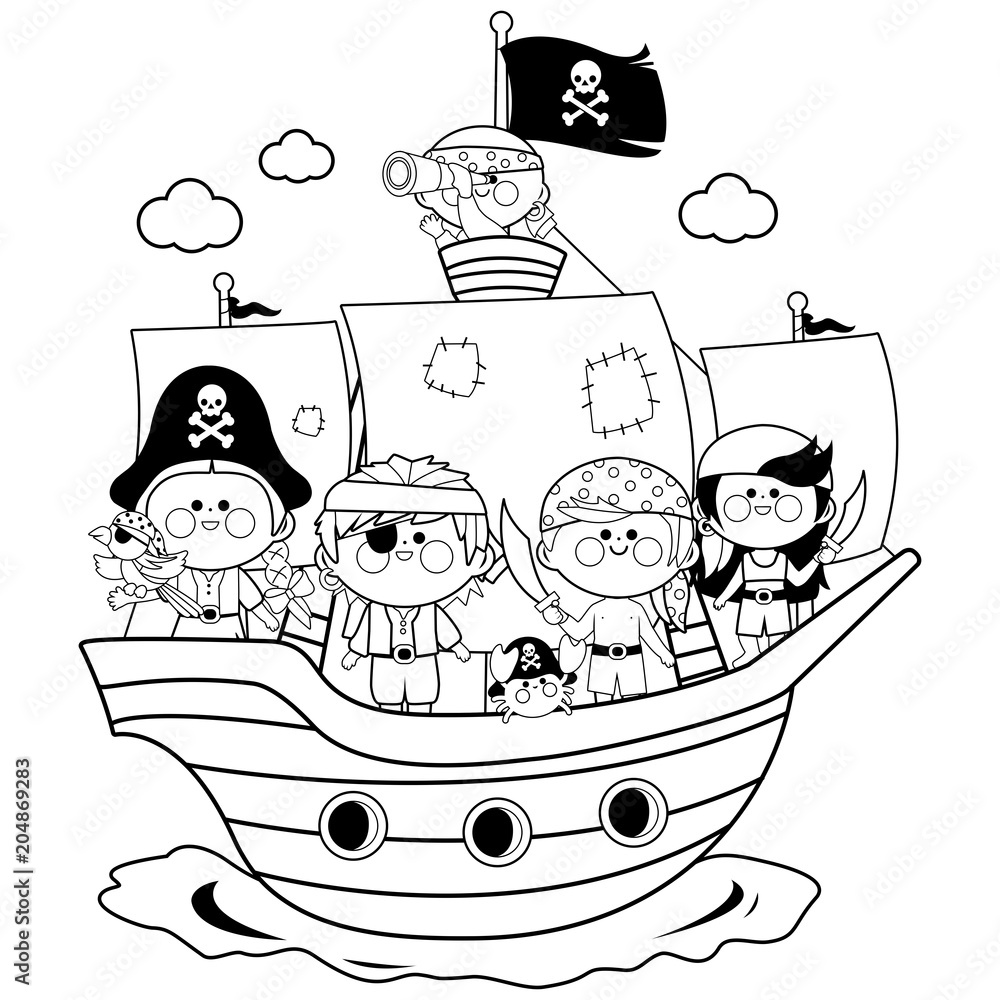 Pirate children sailing on a ship on the sea. Vector black and white coloring page.
