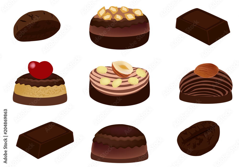 Chocolate and chocolate candies. Sweet dessert isolated on white background. Vector illustration. Chocolate and chocolate candies. Sweet dessert isolated on white background. Vector illustration.