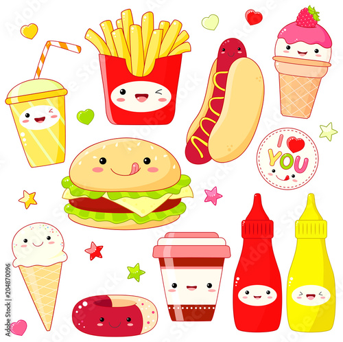 Set of cute food icons in kawaii style