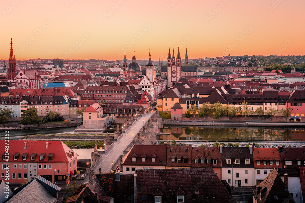 Scenic stunning summer aerial panorama cityscape of the Old Town town in Wurzburg, Bavaria, Germany - part of the Romantic Road.