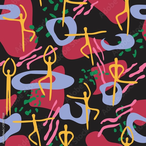Bright seamless pattern with lines, spots, dots and dancing people. Vector illustration with minimalist style