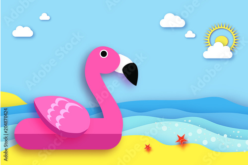 Giant inflatable Pink Flamingo in paper cut style. Origami Pool float toy on the sunny beach with sand and crystal clear blue sea water. Summer holidays. Sunny days. © masherdraws