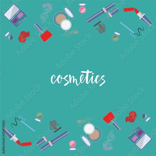 Vector illustration of cosmetics product. With text cosmetics. Flat design. . photo