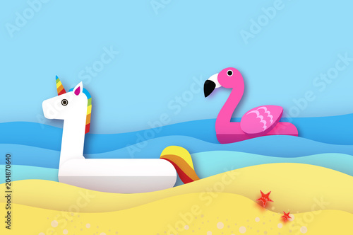 Giant inflatable Fantasy Unisorn and Pink Flamingo paper cut style. Origami Pool float toys. Crystal clear blue sea water. Summer holidays. Sunny days.