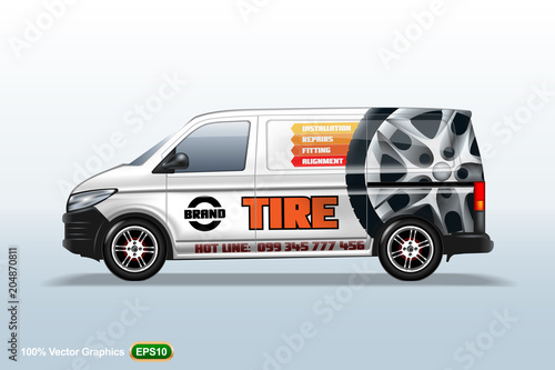 Tire service. Delivery van template. With advertise, editable layout.