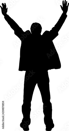 Silhouette of a man with his hands up.