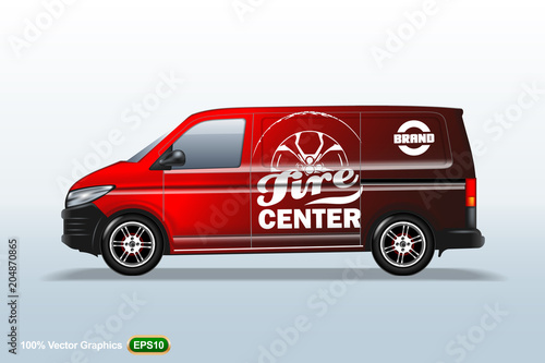 Tire center. Red Delivery van template. With advertise  editable layout.