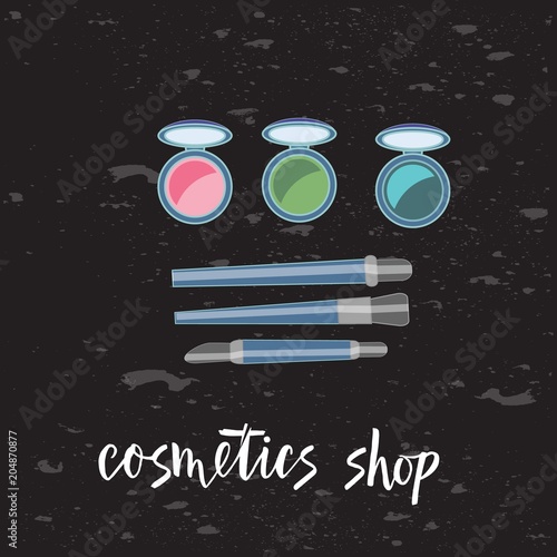 Vector illustration of brushes and eyeshadow on chalkbourd. With text cosmetics. Cosmetics product. As template of background, postcard, bisness card, print, logo, for cosmetics shop. Flat drawing for photo