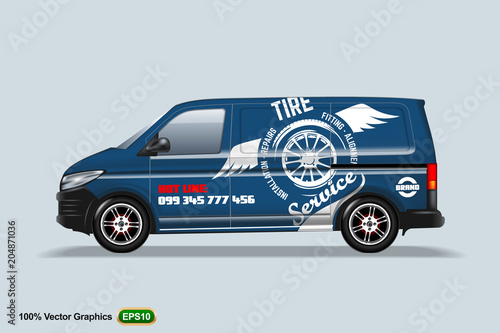 Tire service. Blue Delivery van template. With advertise, editable layout.