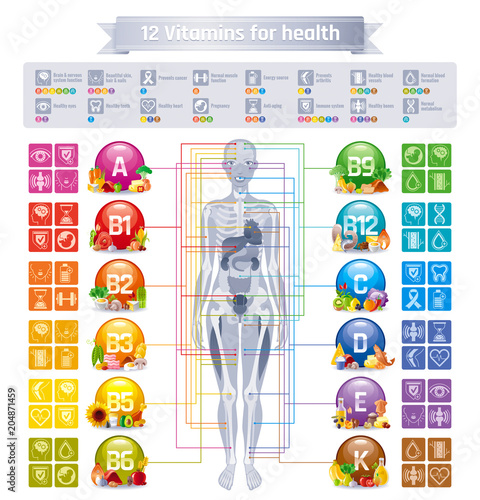 Mineral Vitamin supplement, human body, food, Health benefit banner, flat vector icon set text letter logo. Table illustration poster, medicine chart. Diet balance medical Infographic diagram