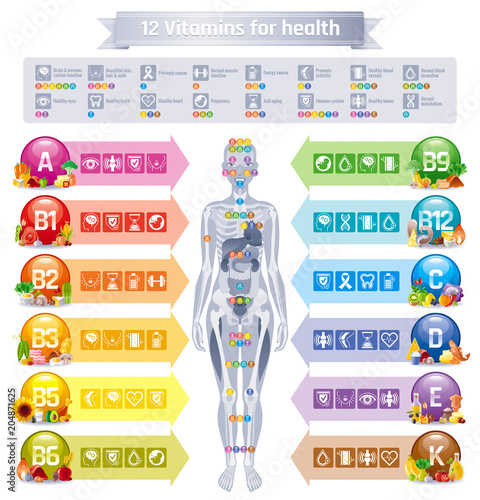 Mineral Vitamin supplement, human body, food, Health benefit banner, flat vector icon set text letter logo. Table illustration poster, medicine chart. Diet balance medical Infographic diagram