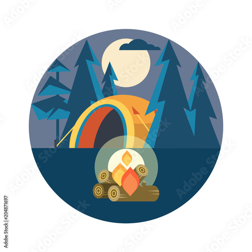 Camping. Vector emblem. Summer holidays in a tent on the nature. Night in the camp.