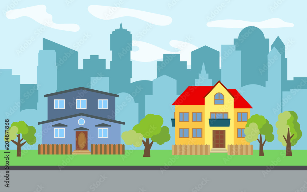 Plakat Vector city with two two-story cartoon houses and green trees in the sunny day. Summer urban landscape. Street view with cityscape on a background