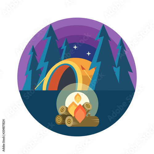 Camping. Vector emblem. Summer holidays in a tent on the nature. Night in the camp.