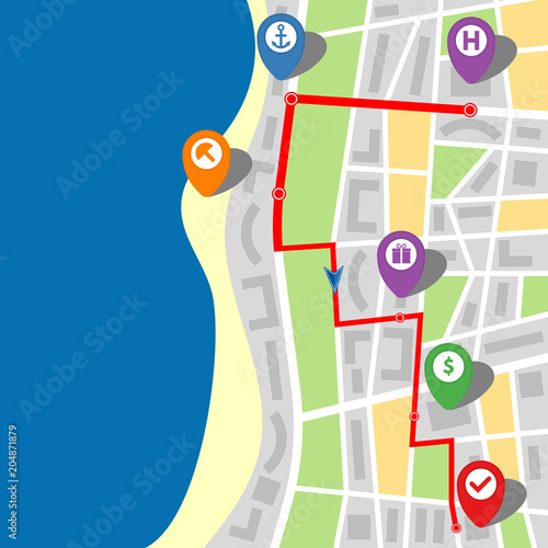 City map of an imaginary city with a river and multi-stop route. Vector illustration.
