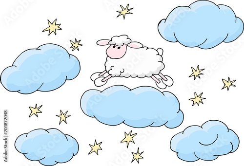 Counting sheep to fall asleep vector illustration.