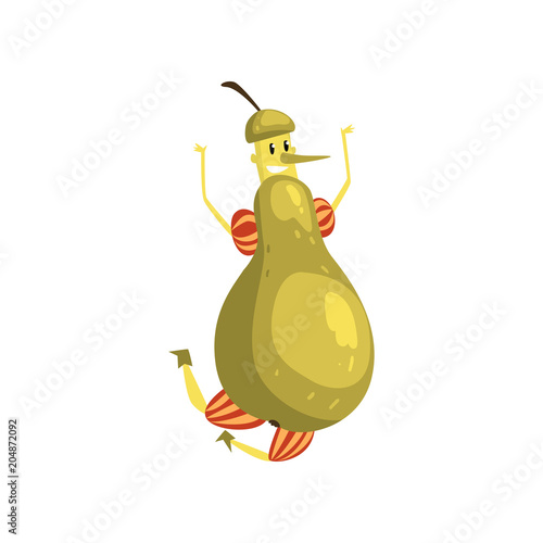 Happy pear cartoon character, funny humanized fruit vector Illustration on a white background