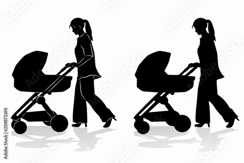silhouette of woman with a stroller , vector draw