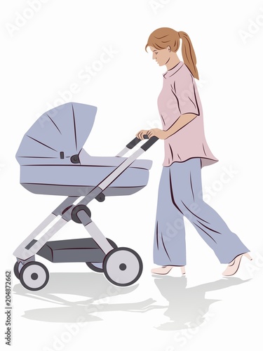 illustration of woman with a stroller , vector draw