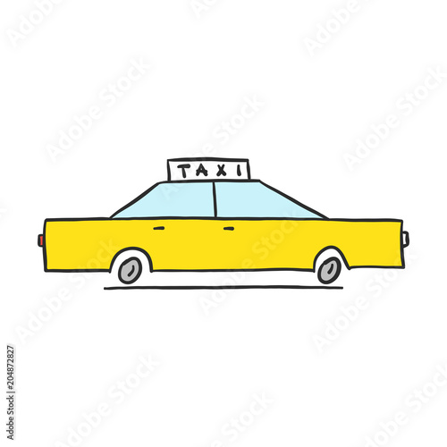 Hand drawn yellow taxi icon isolated on white background.