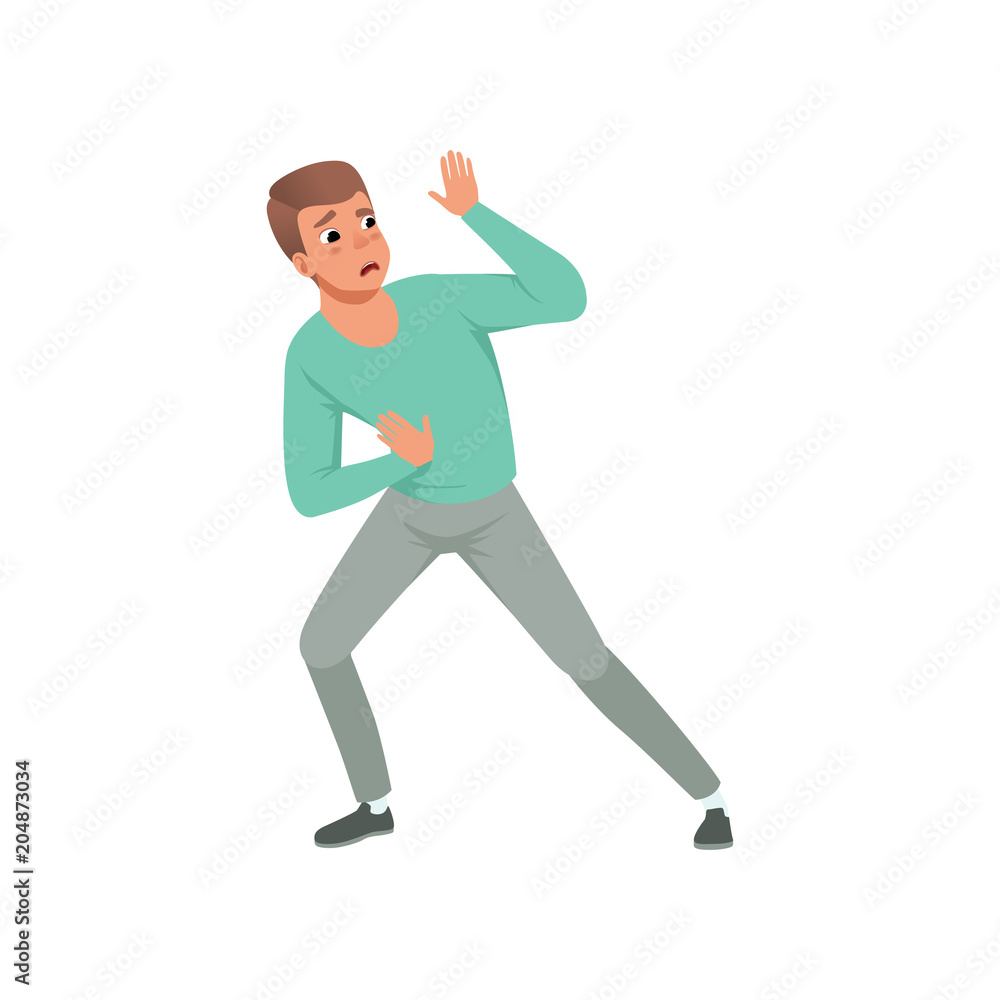 Young scared man standing in defensive pose and blocking his hands. Guy  with frightened face expression. Flat vector design vector de Stock | Adobe  Stock
