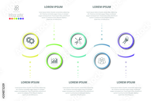 Vector business template with 5 section info, steps, options or processes. Can be used for timeline, workflow, research, strategy, annual report.