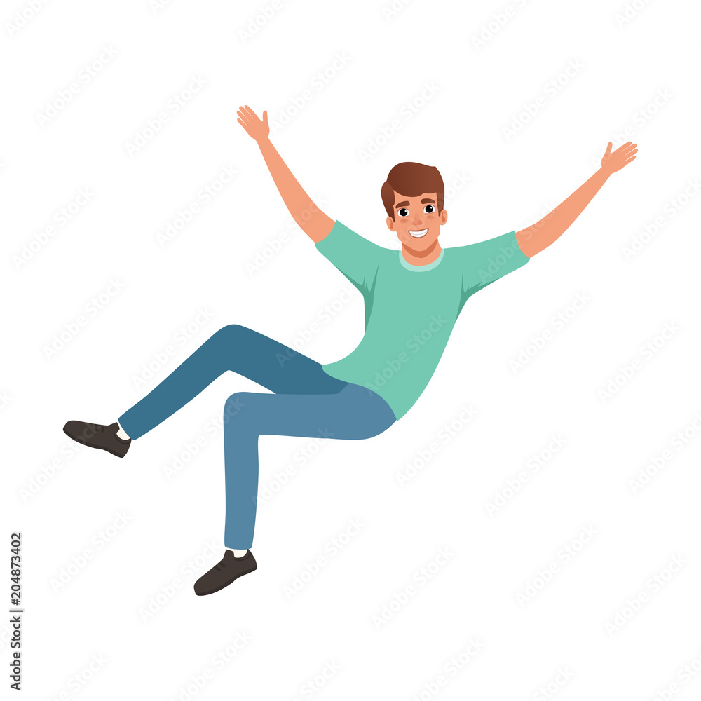 Young smiling man in jumping action with wide open arms. Cartoon guy character with happy face expression. Flat vector design
