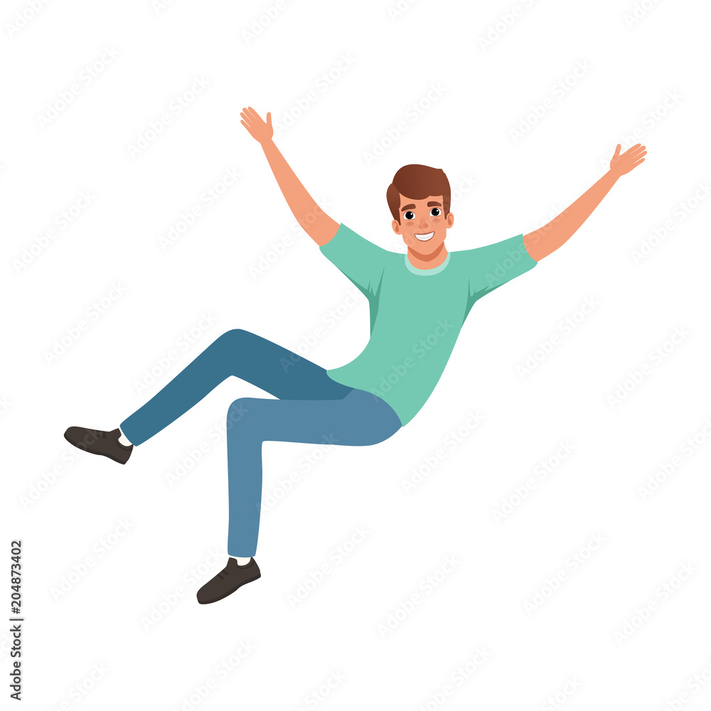 Young smiling man in jumping action with wide open arms. Cartoon guy character with happy face expression. Flat vector design Young smiling man in jumping action with wide open arms. Cartoon guy character with happy face expression. Flat vector design