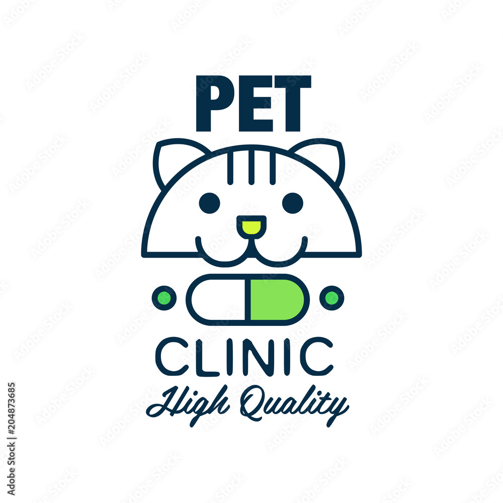 Pet clinic ogo template design, green badge with cat for company identity, label for veterinary clinic and animal shelter vector Illustration on a white background Pet clinic ogo template design, green badge with cat for company identity, label for veterinary clinic and animal shelter vector Illustration on a white background