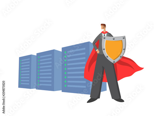 Businessman in red cape holding a shield in front of servers. Data protector. Cartoon character. Vector illustration. Isolated on white background.