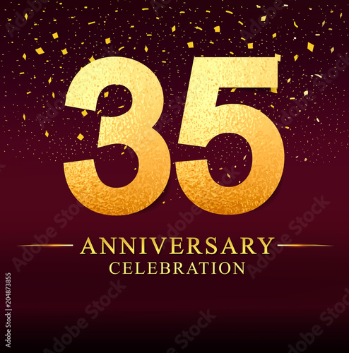 35 years anniversary. celebration logotype 35th years.Logo with golden and on dark pink background, vector design for invitation card, greeting card. 