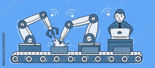 Modern conveyor assembling line with remot operator behind computer. Man conducting manufacturing proccess with computer. Vector illustration on blue background. Flat style. Horizontal.