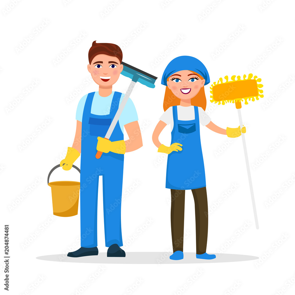 Cleaning service staff smiling cartoon characters isolated on white background. House cleaners dressed in uniform vector illustration in a flat style. Cute and cheerful workers housekeeping concept. Cleaning service staff smiling cartoon characters isolated on white background. House cleaners dressed in uniform vector illustration in a flat style. Cute and cheerful workers housekeeping concept.