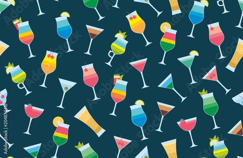 Seamless pattern with cocktails. flat style. isolated on dark blue background