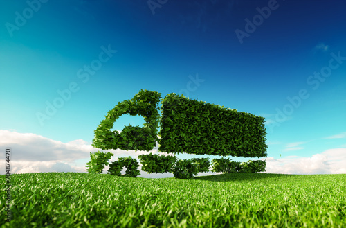 Eco friendly transportation concept. 3d rendering of green green truck icon on fresh spring meadow with blue sky in background.