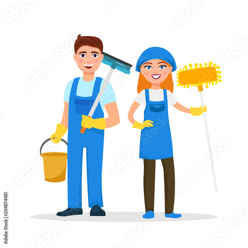 Cleaning service staff smiling cartoon characters isolated on white background. House cleaners dressed in uniform vector illustration in a flat style. Cute and cheerful workers housekeeping concept.