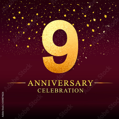 9 years anniversary. celebration logotype 9th years.Logo with golden and on dark pink background, vector design for invitation card, greeting card.