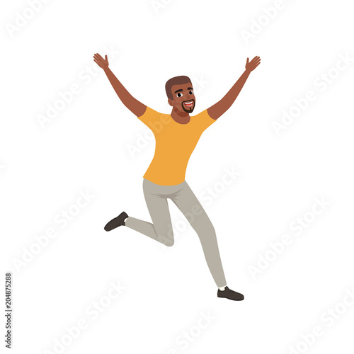 Cheerful Afro-American man in jumping action with wide open arms. Cartoon guy character with happy face expression. Flat vector design
