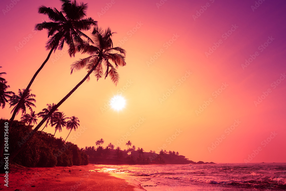 Fototapeta premium Tropikalna plaża w kolorowy różowy tropic zachód słońca