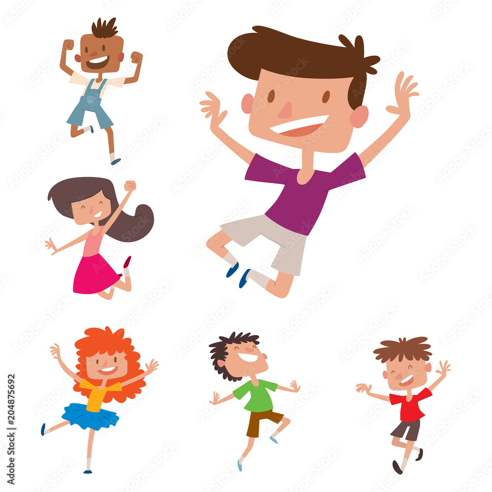 Happy children in different positions big vector jumping cheerful child group and funny cartoon kids joyful team laughing little people characters.